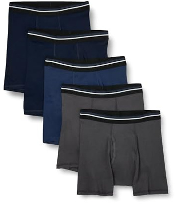 Amazon Essentials Men's Breathable Cotton Boxer Brief Underwear, Tag-Free, Pack of 5, Charcoal/Dark Blue/Dark Navy, M