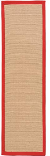 carpetfine Sisalteppich Läufer Naturfarbe 60x180 cm handgewebt mit Bordüre aus Baumwolle in Rot | Rutschfester Flachgewebe Teppichläufer Uni aus Naturfasern für Wohnzimmer, Schlafzimmer