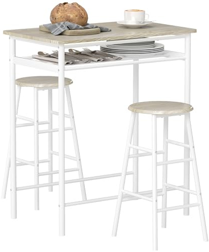 HOMCOM Juego de Mueble de Bar Set de Mesa Alta y 2 Taburetes con Estante de Almacenamiento y Marco de Metal para Cocina Comedor 80x50x90 cm Blanco