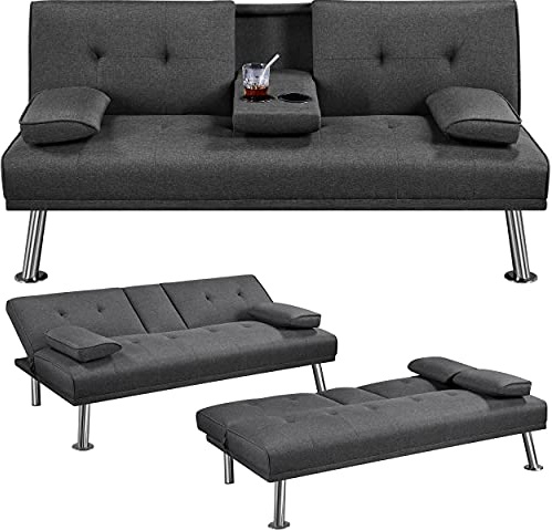 Yaheetech Sofa Bed Fabric Click Clack Sofa Bed with 2 Cup Holders, Convertible Futon Settee, Futon Recliner Lounge for Living Room, Spare Room, Bedroom, Dark Gray