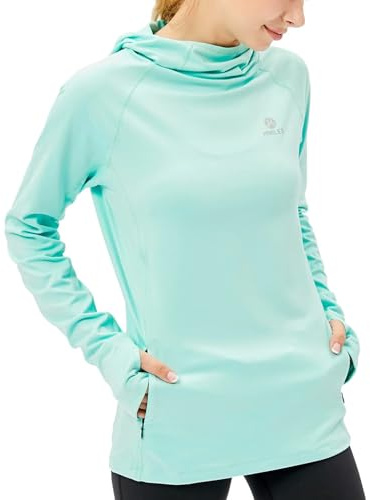 HDTIYUYP Haut de course à manches longues pour femme – Sweat à capuche thermique avec poche zippée – T-shirt de fitness UV pour la randonnée – Haut de sport de plein air avec trou pour le pouce, Bleu