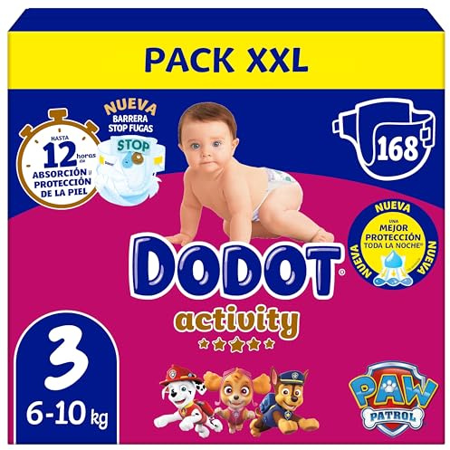 Dodot Pañales Bebé Activity, Talla 3 (6-10 kg), 168 Pañales, Hasta 12h de Protección Antifugas y Ajuste, Pack Mensual