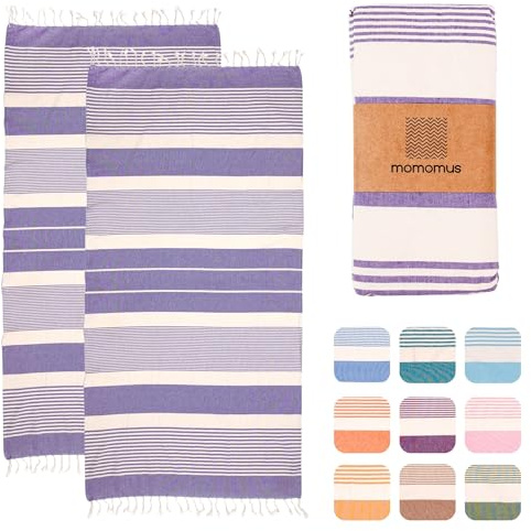 MOMOMUS 2er-Set Fouta XL oder Strandtuch aus Baumwolle 100% - Saugfähig, Ultraweich, Kompakt - Ideal als Strandhandtuch, Hamamtuch und Saunahandtuch - Lila, 90x180cm