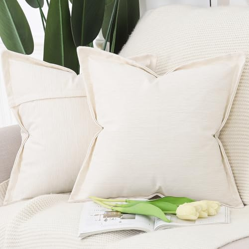 Madizz Juego de 2 Suave Lino poliéster Decorativo Funda de cojíns con Borde Ancho Lujo Estilo Fundas de Almohada para el sofá Dormitorio Marfil Cuadrado 45 x 45 cm