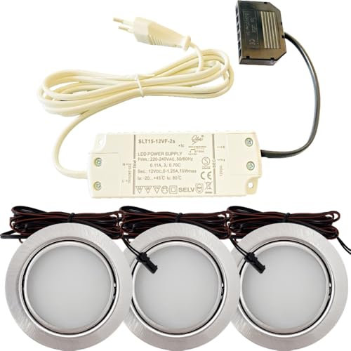 Lichtfaktor24 3er Set LED Möbel Einbauleuchten in Edelstahl Gebürstet - Superflach 3W Warmweiß 3000K 180lm 12V mit 15W Trafo 230V Zuleitung - Spots für Wohnzimmer, Küche oder Bad