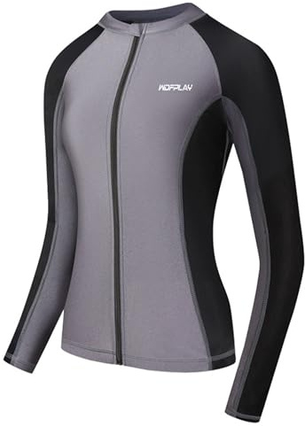 Jhaoyu Maglietta da nuoto da donna, a maniche lunghe, con cerniera, protezione solare, da surf, da spiaggia, rashguards, grigio., L