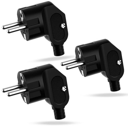 Schuko Stecker 3 Stücke Stecker 250V 16 A, Strom Stecker Schuko Stecker Schuko Winkelstecker Schutzkontaktstecker Schukostecker Außenbereich-Langlebig und Bruchfest, Schwarz
