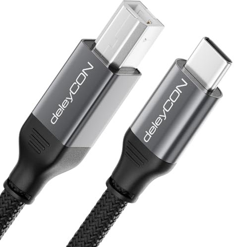 deleyCON 1m Cavo Stampante USB C (per Stampante, Scanner, MIDI) Cavo USB-C su B Intrecciato + Spina in Metallo per Epson HP Samsung Canon Brother iPhone 17 16 15 Notebook Tablet PC MacBook