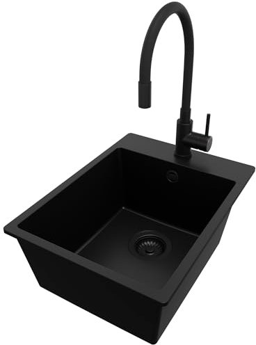 PRIMAGRAN Evier Cuisine en Granit Tout Noir 38x50cm, Lavabo 1 bac + Robinet 40x38cm + Kit de Vidage, Évier à Encastrer al mueble 40cm - Riga S018