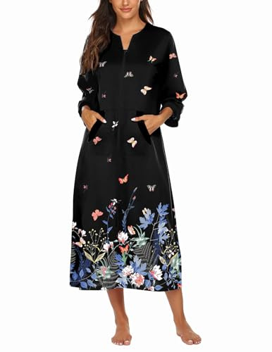 Ekouaer Women Zipper Robe 3/4 Sleeves Loungewear Dress Full Length Sleepwear Pockets Housecoat Nightgown Long Bathrobe