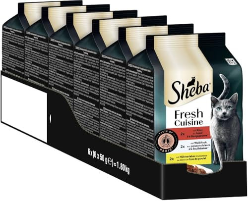 Sheba Portionsbeutel Katzennassfutter Multipack Fresh Cuisine Taste of Paris mit Rind und Weißfisch MSC, 6x6x50g - Gourmet-Katzenfutter mit Rind und Weißfisch