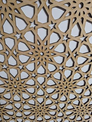 Träskiva dekorativ panel, väggdelare, kylarskydd galler, möbeldekoration, laserskuren från 3 mm tjock MDF-skiva (storlek 1200 mm x 610 mm) med arabiskt mönster (022B). Tillverkad i Storbritannien