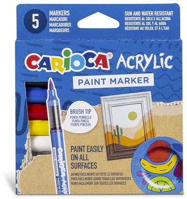 Carioca Paint Marker Acrilici – Set da 5 Pennarelli con Punta a Pennello, a Base Acqua ad Alta Coprenza, Resistenti al Sole e all’Acqua, Marcatori Adatti a Legno, Vetro, Metallo, Ceramica e Cartone