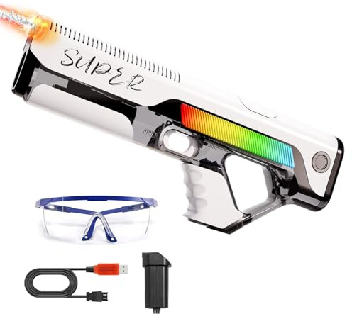 Pistola de Agua Eléctrica,Pistola de Agua de Largo Alcance con luz,Juguete de pulverización a Pilas con Tanque,para Verano Jardin Playa Piscinas Fiesta (Color Blanco)