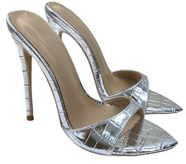 Sandali Aperti da Donna con Punta Affusolata - Tacchi a Stiletto di 12 cm, Infradito Estivi, Scarpe Versatili per Matrimoni, Ufficio e Feste,Argento,46 EU