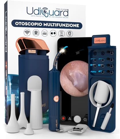 Otoscopio Limpiador de Oídos Endoscopio Digital Flexible con Cámara HD 10MP WiFi UdiGuard Pro-Clean para Eliminación de Cerumen Pinzas y Puntas Reemplazables - Kit Otorrinolaringología Adultos y Niños