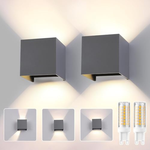wisdom line Applique da Esterno/Interno 2 Pezzi, Lampada Parete LED 9W 4000K Bianco Freddo, IP65, G9 Incluse, Grigio Scuro, Moderna per Giardino, Terrazzo, Ingresso