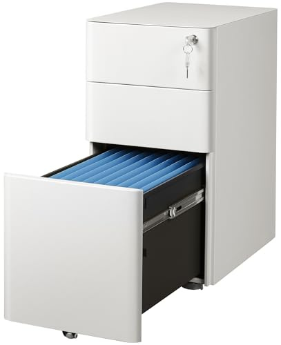 DEVAISE Rollcontainer mit 3 Schubladen, Metall Mobiler Aktenschrank mit Rollen, Druckertisch für DIN A4/Legal/Letter, Schreibtisch Unterschrank für Büro und Home Office, Weiß