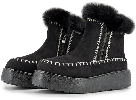 JOMIX Stivali Invernali Donna con Pelliccia Sintetica Stivaletti Eleganti Caldi Zip Laterale Suola TPR Antiscivolo e Zeppa Comodi Effetto Camoscio da Inverno WSB255307 Nero 38