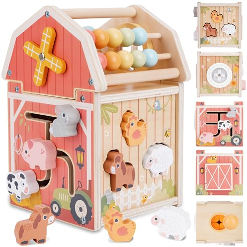 Melofaver Montessori Toys for 1 2 3 Year Old, Wooden Farm Toy Activity Cube | Wooden Farm Animal Toys for 1 2 Year Old, Baby Activity Cube Toy 12-18 Months, Toddler Learning Toy Girls Boys Birthday Gifts