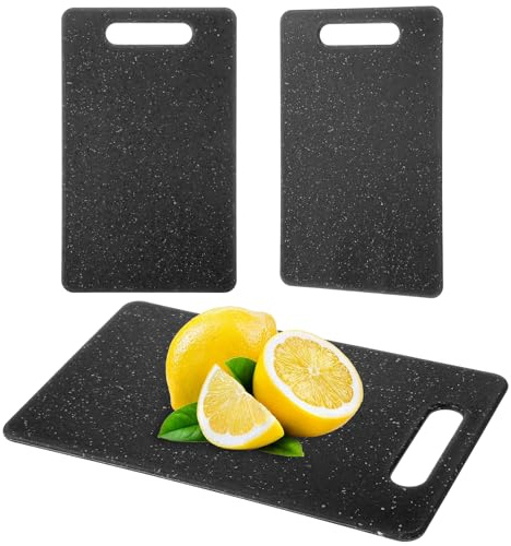 Juego de 2 tablas de cortar de plástico, tablas de cortar con asas, tabla de desayuno profesional, apta para lavavajillas, para camping, carne, verduras y frutas (15 x 25 cm, negro)