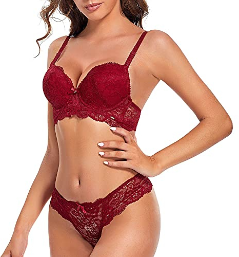 SHEKINI Damen BH Set BH Und String Spitze Trägerloser Abnehmbare Träger Push Up Bügel BH Unterwäsche Lingerie Tanga Dessous Sets(rot,34/75B)