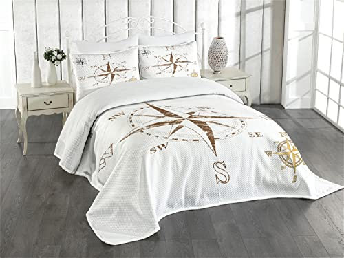 ABAKUHAUS Kompass Tagesdecke Set, Faded Windrose Segeln, Set mit Kissenbezügen Waschbar, für Doppelbetten 220 x 220 cm, Weiß Braun