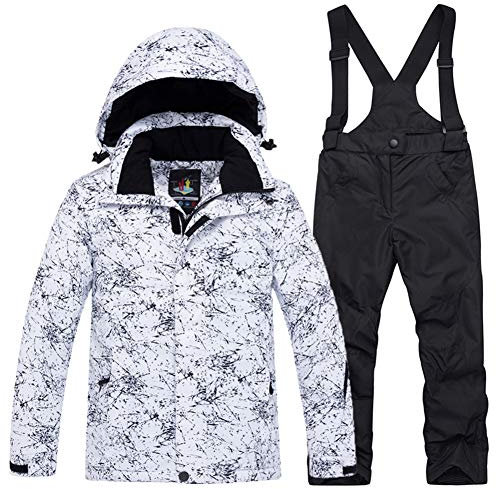 YFPICO Kinder Mädchen Jungen Skianzug Zweiteilig Verdickte Skijacke + Skihose Funktionsanzug Schneeanzug Regenjacke Schneehose Wasserdicht, Weiß Skijacke + Schwarz Skihose, 122-128