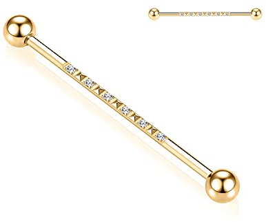 14G Industrial Piercing Schmuck Gold Chirurgenstahl Industrial Barbell 38mm lange Gerüststange Industrial Bar mit CZ gepflasterter Pyramide entworfen Knorpelohrring Helix Barbell für Damen Herren
