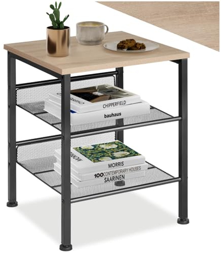 tectake Beistelltisch aus Holz und Metall, Nachttisch mit 2 Gitterablagen, Industrie-Design, für Wohnzimmer Schlafzimmer Büro Flur, schwarzes Metallgestell (Industrial Holz hell, Eiche Sonoma)