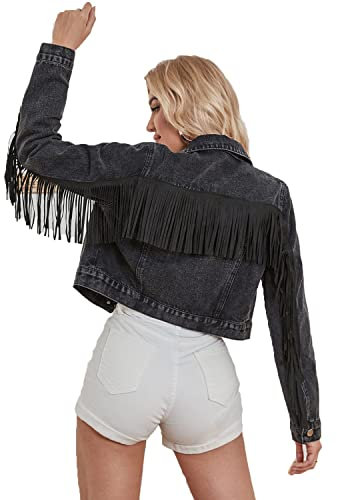 YILANUOYI Cropped-Jeansjacke für Damen, langärmelig, Used-Look mit Fransen, S111 Schwarz, M