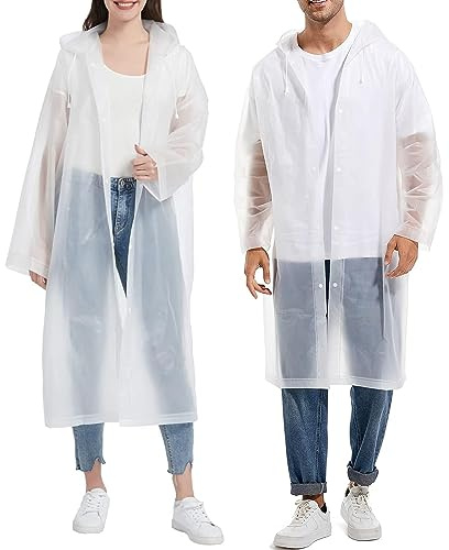 Pecehom 2Pcs Rain Poncho Waterproof for Men Women,Portable Rain Coat,Reusable EVA Hooded Lightweight One-Size Ponchos,for Festivals Cycling Outdoors,Sports Events,Hiking,Camping(White)