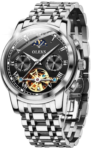 OLEVS Hommes Montre MéCanique Automatique De Luxe éTanche à Remontage Automatique Phase De Lune Chronographe Acier Inoxydable Night Light Watch Noir
