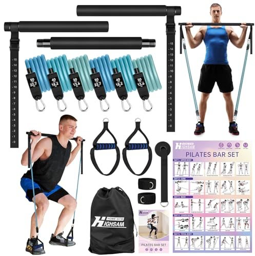 Pilates Bar Set, 6X Fitnessbänder Set Widerstandsbänder mit Stange, Griffe, Türanker, Fußschlaufen, Resistance Bands & Tragbarer Handtasche für Indoor Home Gym und Outdoor