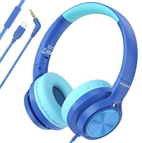 Auriculares para niños para viajes escolares, actualización USB tipo C, con micrófono, sonido estéreo HD, auriculares supraurales plegables para niños, niñas, estudiantes, tabletas, viajes, color azul