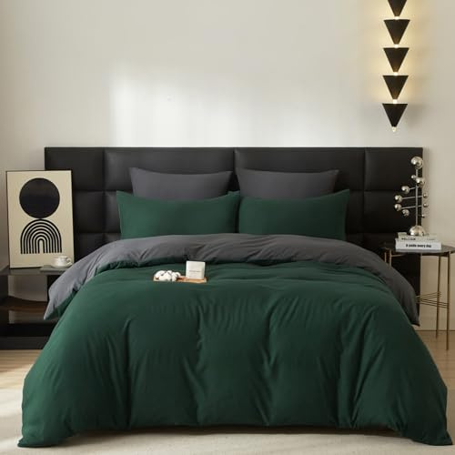Gezu Baumwolle Bettwäsche Grün Dunkelgrün Grau 200x200cm 3 Teilig Baumwolle Atmungsaktiv Weich Fein Bettwäsche Set Wende Bettwäsche Bettbezug 200x200cm und 2 Kissenbezug 80x80cm mit Reissverschluss