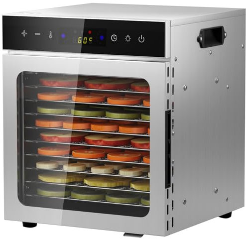 Deshidratador de Alimentos Acero Inoxidable Libre de BPA, Deshidratadora de Frutas y Verduras con Pantalla LCD, Temperatura 30-90℃, Temporizador, Hierbas, Nueces, Yogurt, 8 Bandejas, 500W (10 platos)