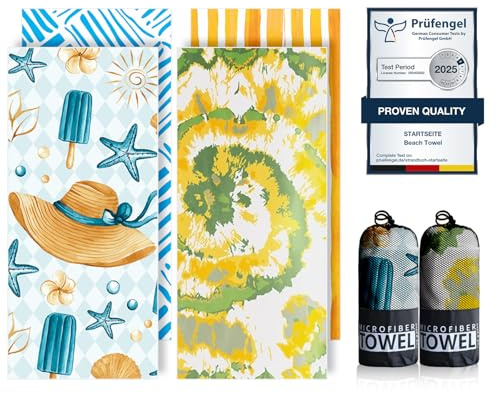 Microfibre Beach Towels for Adults - 200x90cm 2 Pack Extra Large Beach Towels in Gift Boxed, 250 GSM, Sand Free, Lightweight & Quick Dry Beach Towel for Swim, Travel and Gym(Hat & Yellow Whirlpool)