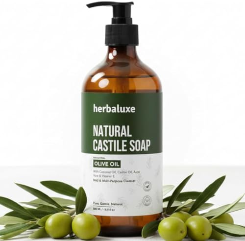 Herbaluxe Natural Castile Soap 500ml – Vegan Liquid Soap with Olive Oil, Aloe Vera & Coconut | Gentle, Plant-Based Body Wash & Multipurpose Cleanser for Sensitive Skin