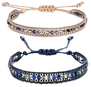 Genérico Pulseras Bohemias trenzadas, Set de 2, cuentas multicolor, Ajustables, Estilo Boho chic, regalo para mujer niña (beige azul)