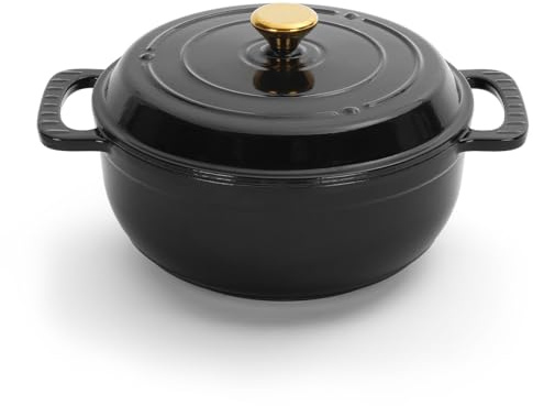 Bonnlo Enameled Cast Iron Round Pot, 26cm/5.2L Dutch Oven Cookware with Lid, Silicone Gloves, Heavy-Duty Pre-Seasoned Cookware for Bread Baking, Braising, Stews, Roasting - Black, 5QT