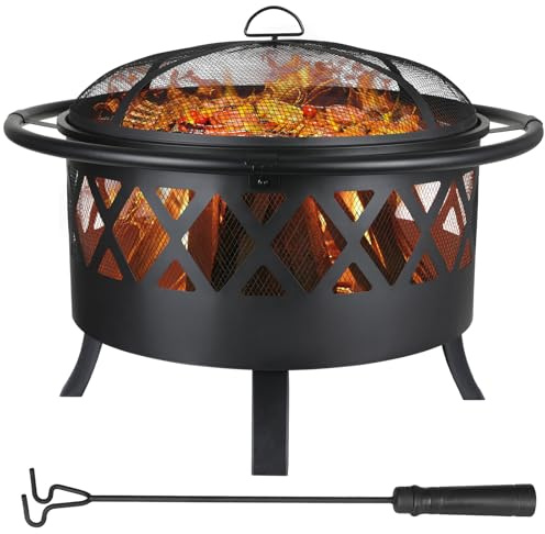 TLSUNNY Brasero Exterior Jardin, Ø81 cm Brasero con Protector Antichispas y Atizador, con Parrilla (Ø 58 cm), Fire Pit para Jardin y Terraza, Grande Estufa Exterior, Negro