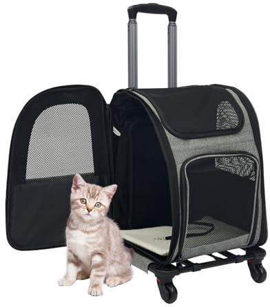 Mochila para perros con trolley, 2 en 1, ampliable, caja de transporte para perros con ruedas, mochila grande para gatos de hasta 15 kg, portátil y transpirable, caja de transporte para perros y gatos