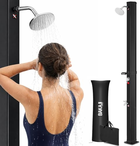 BAKAJI Doccia Solare per Giardino Piscina Esterno Campeggio Serbatoio 20Lt con Soffione Regolabile Miscelatore Acqua Calda Attacco Tubo da Giardino (40 Litri)