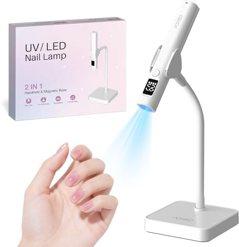 POFIBO Handheld UV LED Nail Lamp – Rechargeable Portable Single Finger Nail Dryer with Stand, LCD Display, 20s/60s Timer, USB-C Cordless UV Nail Light