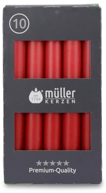 Müller Stearinljus – stavljus röd – uppsättning med 10 bordsljus – 6 timmars brinntid – 20 × 175 mm – droppfattig, rökfri, doftfri – ljusstakar för ljushållare och bordsdekoration – RAL-certifierad
