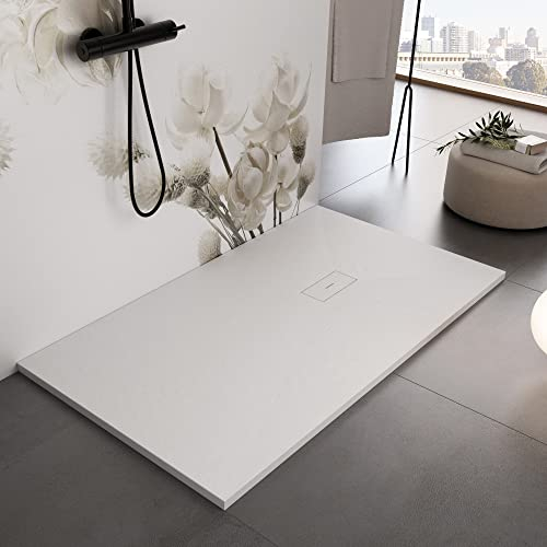 Plato de ducha blanco con borde acabado a mano en mármol de imitación de pizarra serie Madrid, 3 cm, revestimiento de gelcoat, antideslizante