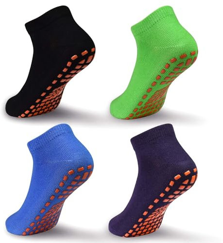 ELUTONG Rutschfeste Trampolinsocken für Kinder, 4 Paar Stoppersocken Baumwolle Sockens Atmungsaktiv und Weich für Jungen Mädchen EU 29-33（schwarz+dunkel lila+blau+grün）