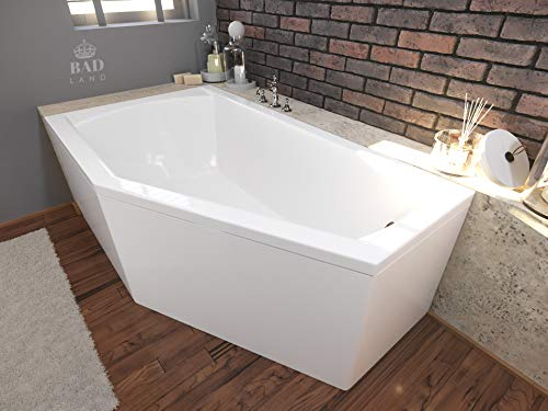 BADLAND Badewanne Original Weiß Acryl Wanne Eckbadewanne SELENA 160x90 Links KOMPLETTSET SET mit Weiß Acrylschürze + Füßen und Exklusive Chrom Automatik Ablaufgarnitur Made in EU 4in1