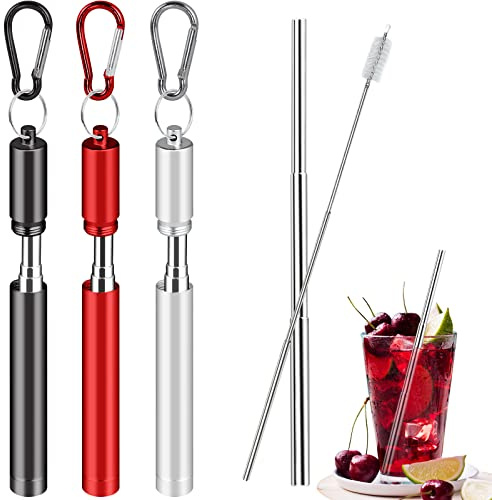 Set di 3 cannucce telescopiche in acciaio inox, riutilizzabili, cannucce telescopiche in metallo, con spazzola per la pulizia e scatola in metallo (10-22,5 cm)